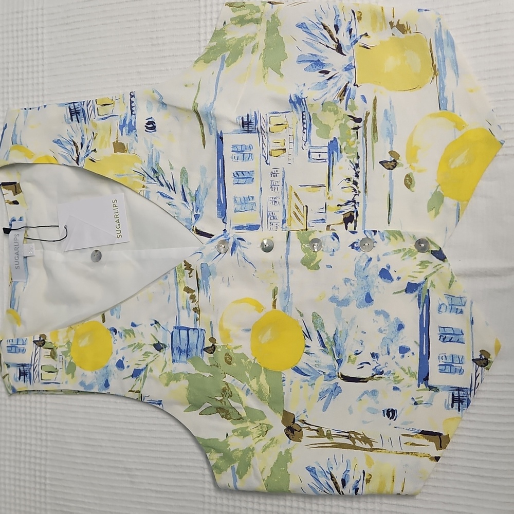 Sugarlips Linen Blend Button Front Vest: Blue/yellow/white Print: Size- Large